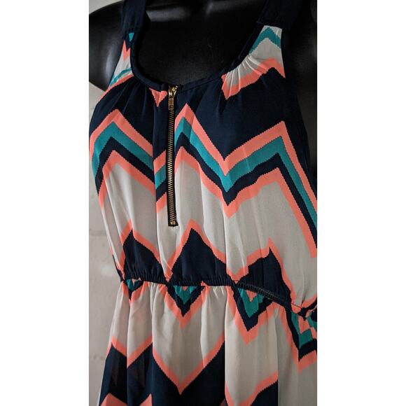Rue21 Chevron Print Dress Sleeveless Navy Coral Teal White Mini Sundress Small - Picture 2 of 4